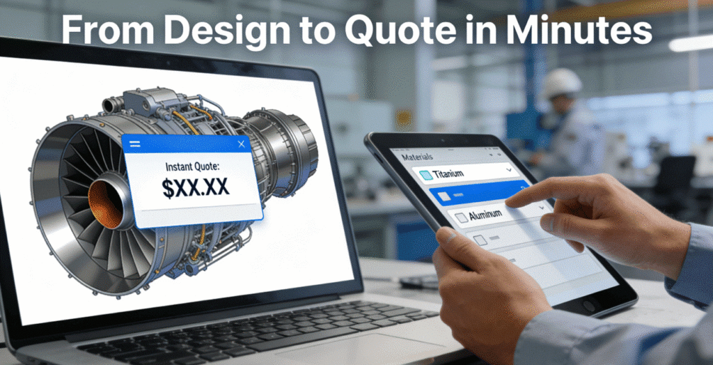 Engineer using an instant quote platform for CNC turning services, receiving a price and lead time for a custom part design in real-time.