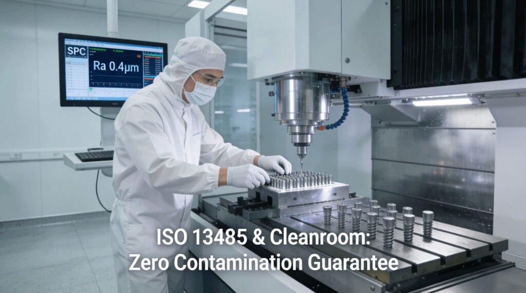 Technician operating 5-axis CNC machine in ISO Class 7 cleanroom for sterile medical implant production, with real-time SPC monitoring