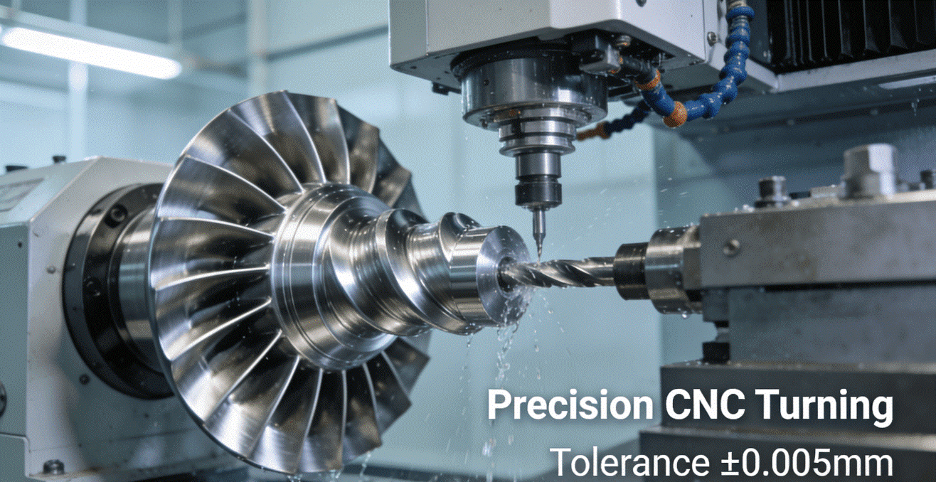 High-precision CNC turning center machining a titanium aerospace component, showcasing advanced manufacturing technology capable of holding tight tolerances.